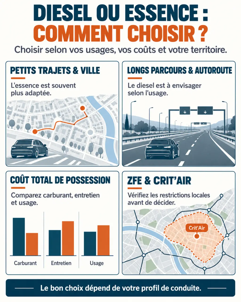 Infographie diesel ou essence comment choisir selon les trajets, le coût total et les ZFE