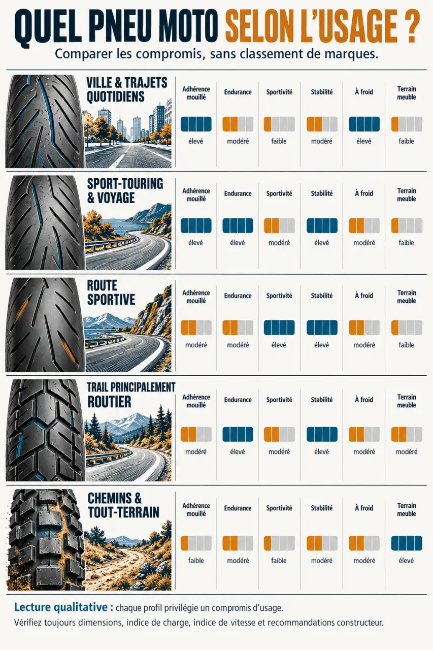 Infographie du meilleur pneu pour moto selon l’usage, de la ville au tout-terrain