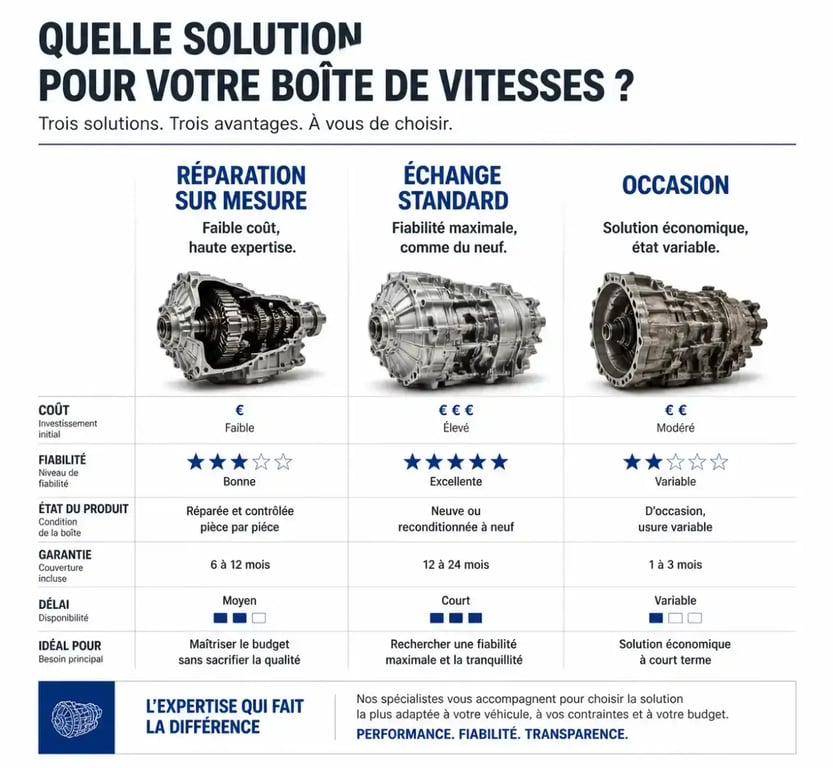 Comparatif des solutions de réparation de boîte de vitesse : réparation, échange standard et occasion