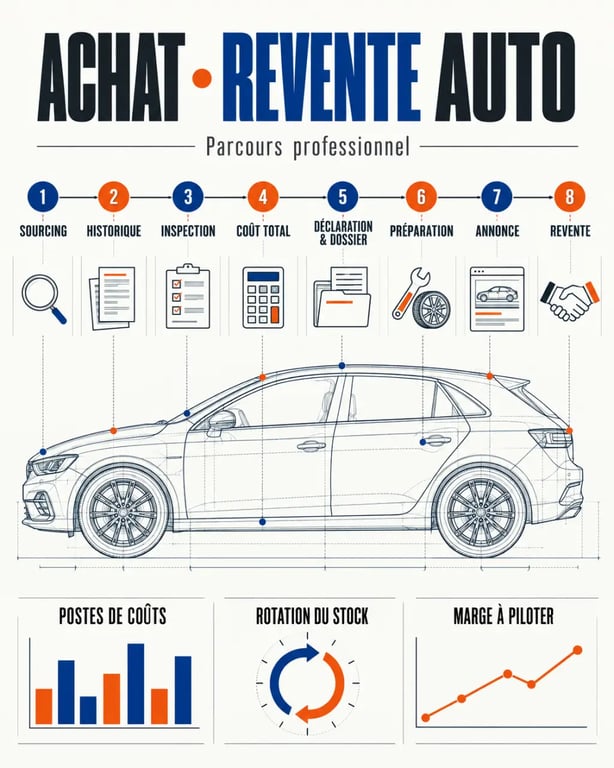 Achat revente voiture : parcours du sourcing à la revente avec contrôle et calcul des coûts