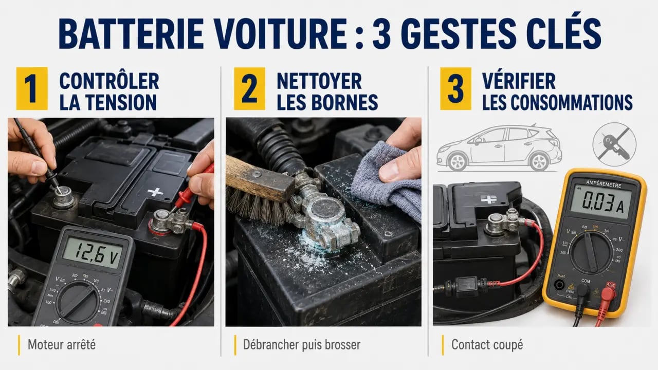 Entretien batterie voiture : contrôle de tension et nettoyage des bornes