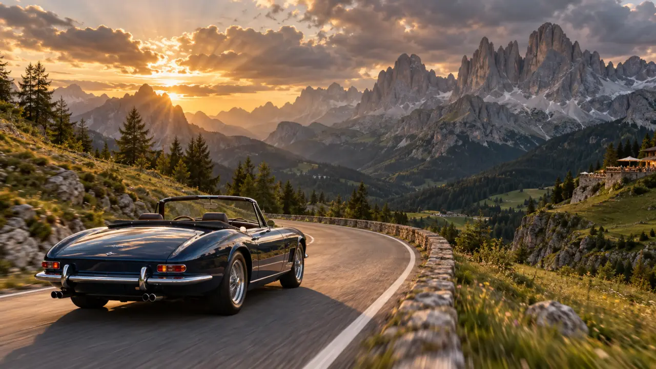 Coupé de prestige sur une route panoramique des Dolomites au coucher du soleil