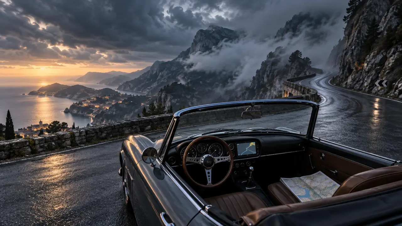 Coupé sportif de prestige sur une route côtière au coucher du soleil