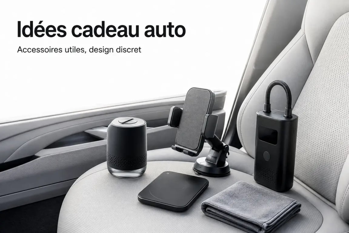 Cadeau pour la voiture : sélection d’accessoires utiles posés dans l’habitacle d’une voiture